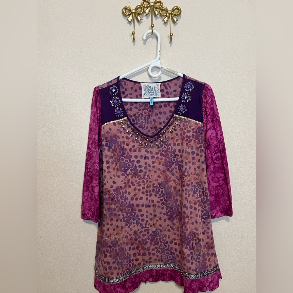 Faith Pink and Purple Embellished 3/4 Sleeve Blouse. Boho style.  Size XL